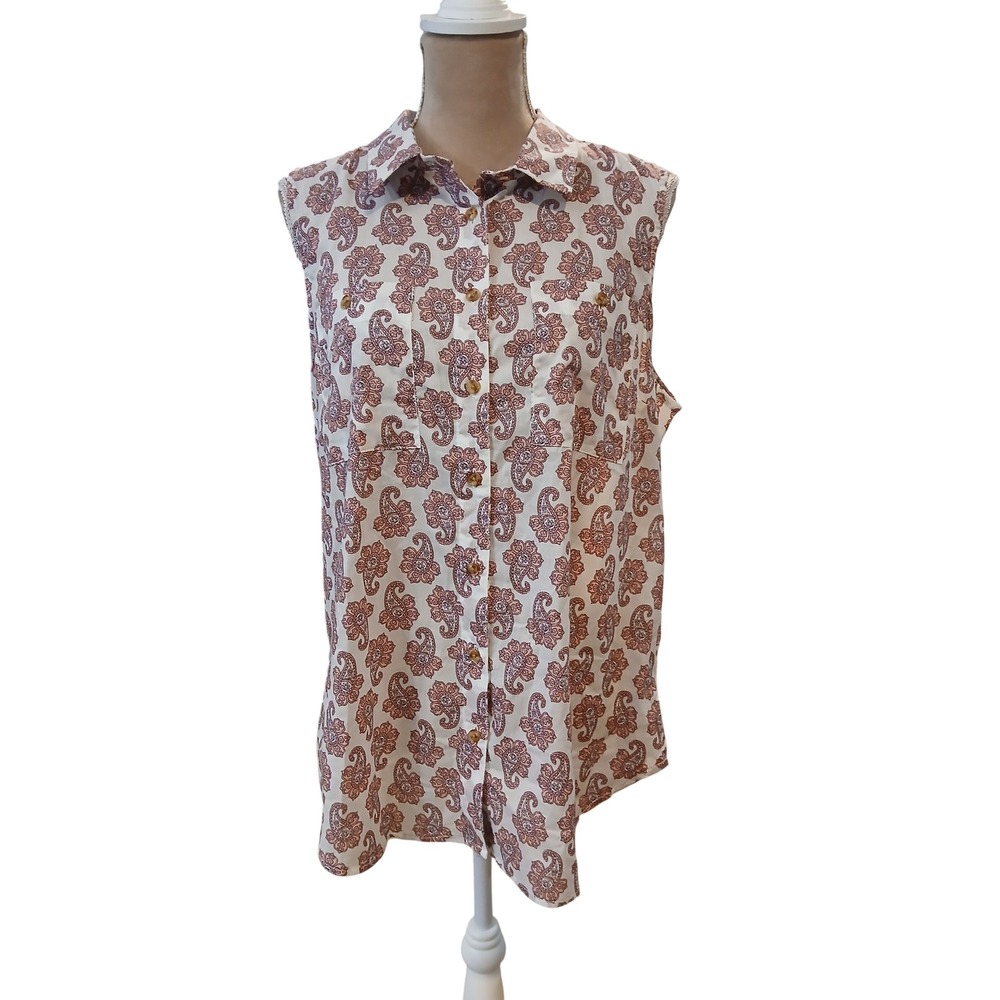 Nautica Jeans Large Laguna Beach Sleeveless Button Down Shirt Paisley White New